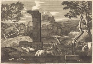 Landschap met boer en zijn kudde