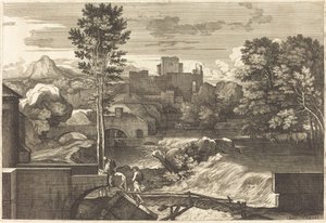 Landschap met Twee Figuren op een Brug door Sébastien Bourdon