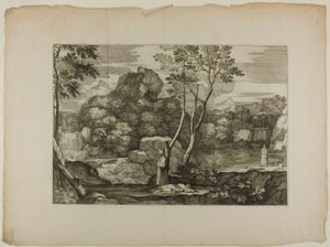 Landschap met een dode man en twee priesters door Sébastien Bourdon
