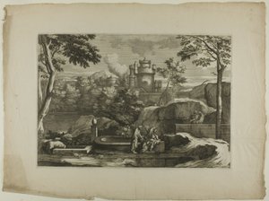 Uitzicht op een stad (Christus met de Barmhartige Samaritaan bij de bron) door Sébastien Bourdon