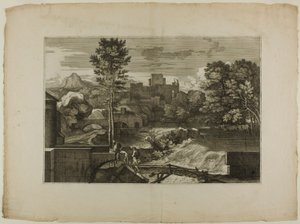 Waterval bij een stenen brug, met kasteel in de verte