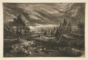 Herder en schapen bij zonsondergang
