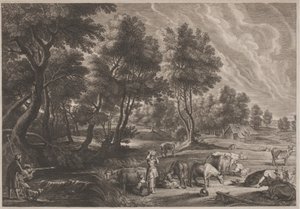 Boerderijlandschap met Jagers en Melkmeisjes door Schelte Adams Bolswert, after Sir Peter Paul Rubens