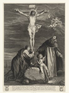 Christus aan het kruis met heiligen Catharina van Siena en Dominicus onder het kruis