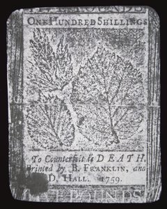 Een 100 shilling biljet ontworpen en gedrukt door Benjamin Franklin in 1759 door School American