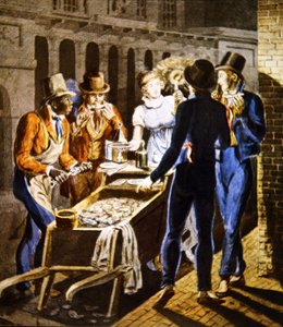 Een oesterman verkoopt zijn waren buiten het Chestnut Street Theatre in Philadelphia, ca. 1796 door School American
