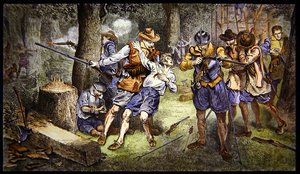 Het verdedigen van de nederzetting tegen een Indiaanse aanval in de kolonie Jamestown, Virginia in 1607 door School American