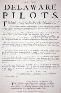 Facsimile van de proclamatie van de patriotten van Philadelphia aan de Delaware Pilots waarin ze worden gewaarschuwd niet met het Britse theeschip om te gaan, 7 december 1773 door School American