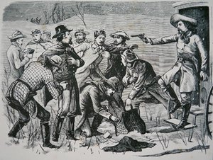 Vier bandieten overmeesteren en plunderen twee officieren en zeven soldaten nabij Bismarck, Dakota Territory, uit de 