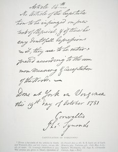 Capitulatiebrief van Yorktown, ondertekend door Lord Cornwallis door School American