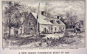 Boerderij in New Jersey gebouwd in 1676, naar een tekening uit 1886 door E. J. Meeker