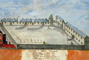 Plattegrond van Mill Prison, eind 18e of begin 19e eeuw (aquarel en inkt op papier) door School American