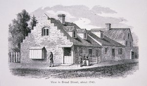 Uitzicht op Broad Street, New York City ca. 1740 door School American
