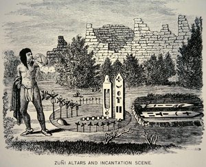Zuni-stamlid blaast stuifmeel over een Pueblo-heiligdom (gravure)