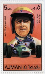 Emiraten Arabische Eenheden postzegel met Australische autocoureur Jack Brabham (geb. 1926)