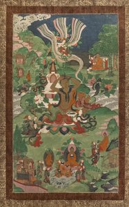 Kapsel en andere scènes. Thangka uit een vervolg gewijd aan de belangrijkste episodes uit het leven van de Boeddha. door School Asian