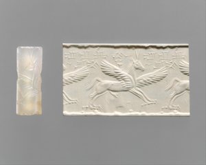 Cilinderzegel en moderne indruk: gevleugeld paard met klauwen en hoorns, ca. 14e-13e eeuw v.Chr. (chalcedoon) door School Assyrian