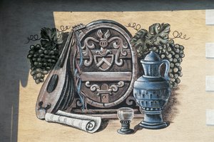 Close-up van een fresco op een muur, Oberarnsdorf, Wachau, Neder-Oostenrijk, Oostenrijk