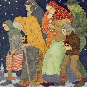 Wandelen naar de kerk, kerstavond, ca. 1910, uit 