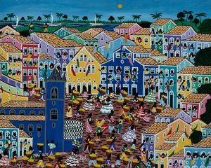 Naïeve kunst schilderij dat markt uitbeeldt, Bahia Staat, Brazilië