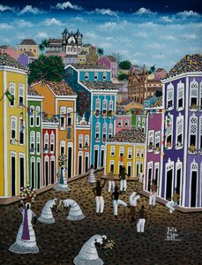 Naïeve kunst schilderij met straattafereel, Bahia State, Brazilië