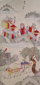 Een paneel van een achtvoudig scherm met beroemde verhalen uit China (natuurlijke pigmenten op papier) door School Chinese
