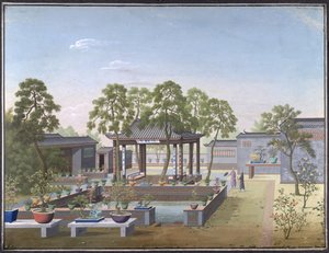 Tekening van de tuin van een Chinese koopman door School Chinese