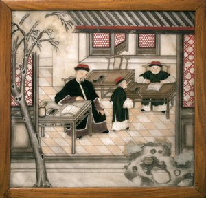 Decoratieve marmeren plaat die letters in hun kabinet voorstelt. Geschilderd marmer, Qing-dynastie (1644-1911), Chinese kunst. Musée d