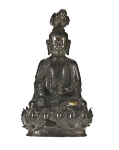 Beeld van Guanyin, de Chinese godin van genade, zittend op een lotusontwerp met een raaf op haar hoofd en een konijn in haar linkerhand door School Chinese