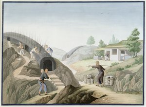 Vervaardiging van porselein: Het bakken van de Drakenoven (aquarel en gouache op papier) door School Chinese