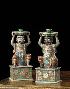 Paar export famille verte kandelaars, Kangxi door School Chinese