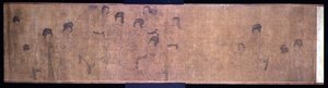Paleisdames in hun vrije tijd, handrol, detail van dames die muziek maken, naar een origineel van Wen-chu Chou (fl.970) Zuidelijke Sung-periode, ca.1140