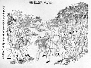 Opstand van de Boxers: De Europeanen vluchten voor de Boxers. Illustratie gepubliceerd in de Shanghai Toung-Ouen-Hou-Pao krant. Ca. 1899.