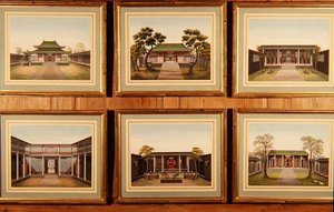Set van zes Chinese paviljoens en binnenplaats scènes door School Chinese
