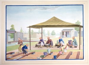 Werklieden brengen het glazuur aan, ca. 1825 (gouache op papier) door School Chinese