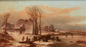 Een winterlandschap met figuren op een bevroren meer door School Dutch