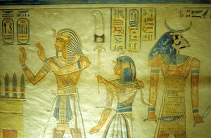 Oud Egypte, schilderij/gravure, Amon hir Khopshef graf, Rameses III met zijn zoon Amon-Hir die een standaard draagt