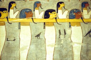 Oude Egypte, schilderij, Goden van de onderwereld vastgebonden aan Hathor, goddelijke koe, die de zonnebark sleept, Tombe van Ramses I, Thebe