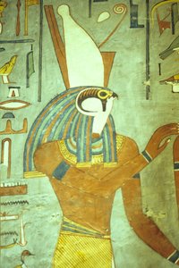 Oude Egypte, Schilderij, Horus, valkenkop God, God van de koningen, Graf van Ramses I, Thebe door School Egyptian
