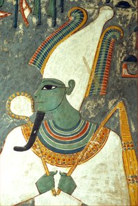Oude Egypte, Schilderij, Osiris, Graf van Horemheb, Thebe, God van het hiernamaals, de onderwereld en de doden, Groen van huid met een faraobaard, draagt een kroon met twee grote struisvogelveren aan weerszijden, en houdt een symbolische herdersstaf en dor door School Egyptian