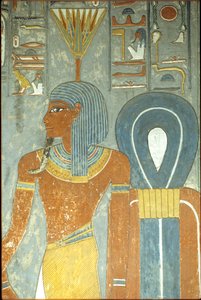 Oud Egypte, Schilderij, Graf van Horemheb, Thebe 18e dynastie, God Nefertum en Knoop van Isis, Nefertum of Nefertem met een waterlelie of lotus hoofdtooi (foto) door School Egyptian