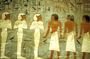 Oud Egypte, Schilderij, Graf van Ramses I, Drie mummievormige goden, drie goden die de zonneboot slepen