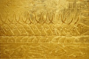 Oud Egypte, Muur gravure/schildering, Mastaba/Graf van Idout, Saqqara, 2323-2150 v.Chr., Vee steekt een rivier over
