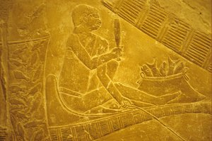 Oude Egypte, muurgravure, Mastaba/Tombe van Idout, Saqqara, vissers zitten op boten en schubben vis, 6e dynastie door School Egyptian
