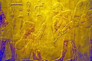 Oud Egypte, Muur gravure/schildering, Mastaba/Graf van Ti, Saqqara, 5e Dynastie, Handelen in goederen op de markt