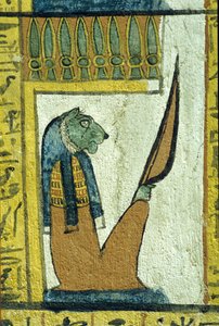Oude Egypte, muurschildering, Leeuwenkop God van de onderwereld, Graf van Sennedjem, Thebe, Deir el Medina door School Egyptian