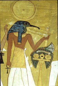 Oude Egypte, muurschildering, Tombe van Inherkhau, Thebe, God Thoth introduceert de overledene aan Osiris, 20e dynastie, Ibis-hoofdige God met maanschijf door School Egyptian