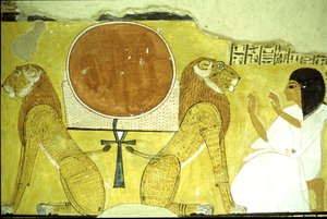 Oude Egypte, muurschildering, Tombe van Inherkhau, Thebe, Inherkhau aanbidt twee leeuwen, bewakers van vandaag en morgen, 20e dynastie door School Egyptian