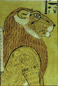 Oud Egypte, Muurschildering, Graf van Inherkhau, Thebe, Een van de twee leeuwen, bewakers van vandaag en morgen, 20e dynastie