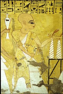 Oud Egypte, muurschildering Graf van Inherkhau, Thebe, Graf van de Edelen, 20e dynastie, Een priester giet plengoffers voor Inherkhau door School Egyptian